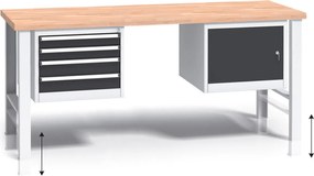 Výškovo nastaviteľný pracovný stôl do dielne G3 so závesným boxom a skrinkou na náradie, buková škárovka, 4 zásuvky, 2000 x 685 x 840 - 1050 mm, grafit