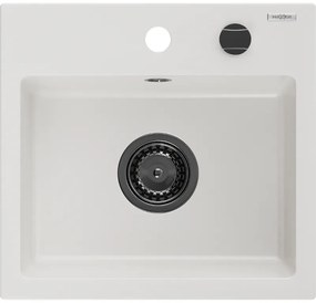 Mexen Milo, granitový drez 435x410x171 mm, 1-komorový, biela s čiernym sifónom, 6505441000-20-B