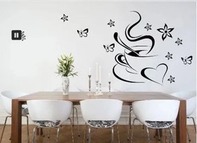 Nálepka na stenu do kuchyne šálka kávy so srdcom a motýľmi 50 x 100 cm