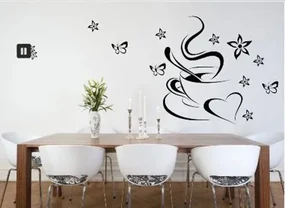 Nálepka na stenu do kuchyne šálka kávy so srdcom a motýľmi 50 x 100 cm
