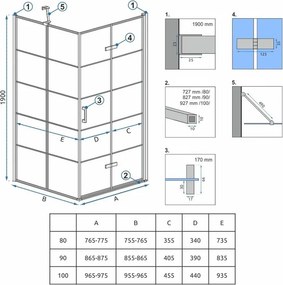 Sprchovací kút REA MOLIER 90/dvere x 80/zástena cm, čierny/transparent - bez vaničky