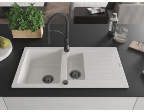 Mexen Matias, granitový drez 900x505x200 mm, 1,5-komorový a drezová batéria Aster, biela, 6502-20-73450-70-B