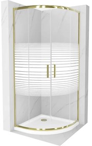 Mexen Rio, štvrťkruhový sprchovací kút s posuvnými dverami 90(dvere) x 90(dvere) x 190 cm, 6mm číre sklo s pásikmi, zlatý profil + biela sprchová vanička SLIM, 863-090-090-50-20-4110G