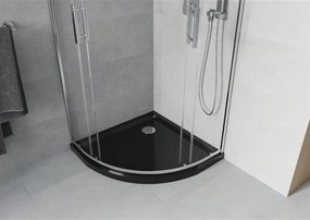 Mexen Rio, štvrťkruhový sprchovací kút s posuvnými dverami 90 x 90 cm, 5mm číre sklo, chrómový profil + čierna sprchová vanička, 863-090-090-01-00-4170