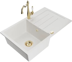 Mexen Bruno, granitový drez 795x495x200 mm, 1-komorový a drezová batéria Carla, biela, 6513-20-670700-50