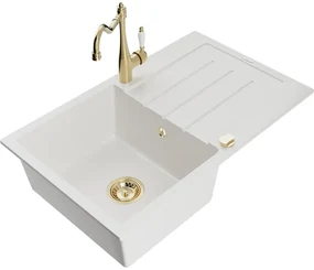 Mexen Bruno, granitový drez 795x495x200 mm, 1-komorový a drezová batéria Carla, biela, 6513-20-670700-50