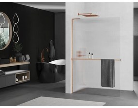 Mexen Kioto+ L, sprchová zástena Walk-In s poličkou a vešiakom 90 x 200 cm, 8mm sklo s rebrovým vzorom, medený matný profil, 800-090-123-65-09