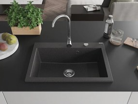 Mexen Elix granitový kuchynský drez 1-komorový 700 x 500 mm, čierny s bielymi škvrnami, chrómový sifón - 6526701005-76