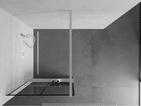 Mexen Kioto+, sprchová zástena Walk-In s poličkou a vešiakom 90 x 200 cm, 8mm číre sklo čierny vzor, biely profil, 800-090-121-20-77