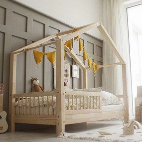Detská domčeková postieľka Housebed so zábranou (okrúhle priečky) - 60 x 120 cm / prírodná