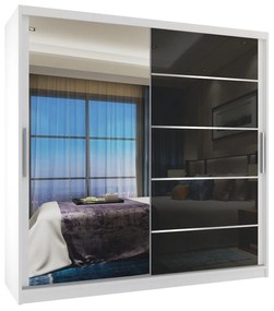 Šatníková skriňa 200 cm Belini biely mat / čierny lesk s posuvnými dverami zrkadlom a zásuvkami MGB SZP5/1/W/1L5B/KLAL