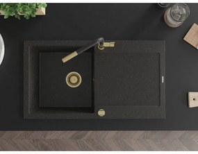 Mexen Leo, 1-komorový granitový drez 900x500x190 mm a drezová batéria Flora, čierna-zlatá metalíza, 6501-75-670401-57-G