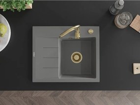Mexen Ben, 1-komorový granitový drez 600x500x190 mm, pravý + zlatý sifón, šedá, 6523605000-71-G