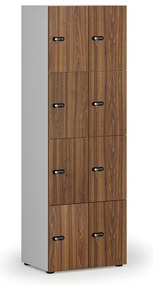 Drevená šatníková skrinka s úložnými boxmi, 8 boxov, mechanický kódový zámok, sivá/orech