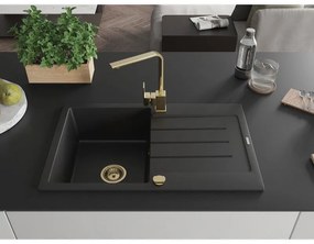 Mexen Bruno, drez granitový 795x495x200 mm, 1-komorový, čierna so zlatým sifónom a zlatá drezová batéria Rita, 6513-77-670300-50