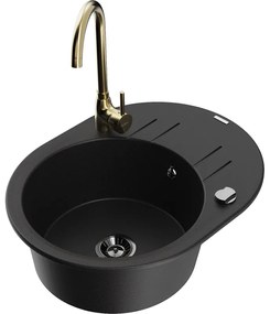 Mexen Kevin, drez granitový 586x458x190 mm, 1-komorový a zlatá batéria Telma, čierna, 6517-77-670200-50-B
