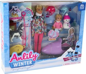 LEAN Toys Detská bábika Anlily – korčule, pes, zimné športy