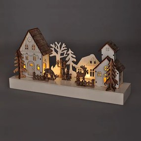 Solight LED vianočná dedinka, 34 x 17 cm, drevo, 4 LED, 2x AA