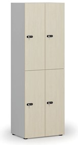 Drevená šatníková skrinka S4 s úložnými boxmi, 4 boxy, demont, mechanický kódový zámok, sivá/breza