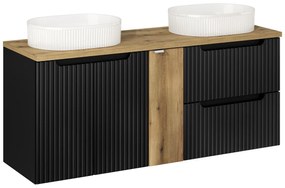 Závesná skrinka Nova Black Beyond s doskou a umývadlami 140 cm čierna/dub evoke