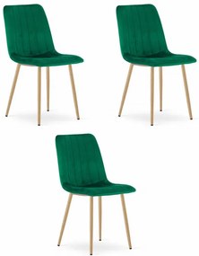 Set troch jedálenských stoličiek LAVA zamatové zelené / drevené nohy (3 ks)