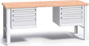 Pracovný stôl do dielne G3 s 2 závesnými boxami na náradie, buková škárovka, 6 zásuviek, pevné kovové nohy, 2000 mm, sivá