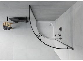 Mexen Rio, štvrťkruhový sprchovací kút s posuvnými dverami 70(dvere) x 70(dvere) x 190 cm, 6mm sklo námraza, čierny profil + biela sprchová vanička RIO, 863-070-070-70-30-4710