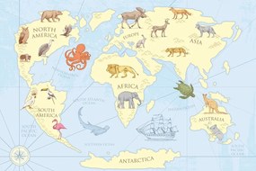 Obraz mapa sveta so zvieratami - 120x80