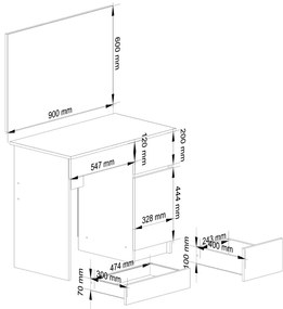 Kozmetický stolík so zrkadlom P-2 90x50 cm biely pravý