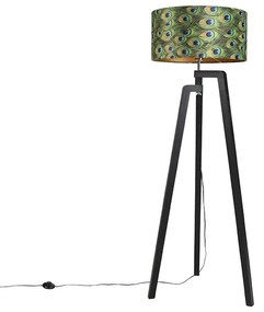 Stojaca lampa trojnožka čierna s tienidlom s motívom páva 50 cm - Puros