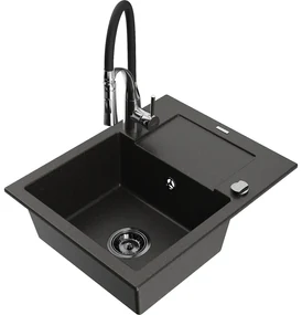 Mexen Enzo, 1-komorový granitový drez 576x465x174 mm a drezová batéria Aster, čierna-zlatá metalíza, 6506-75-73450-07-B