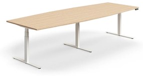 Výškovo nastaviteľný rokovací stôl QBUS, ovál, 3200x1200 mm, biely rám, dub