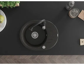 Mexen Kevin, granitový drez 586x458x190 mm, 1-komorový a drezová batéria Savita, čierna-zlatá metalíza, 6517-75-672601-70