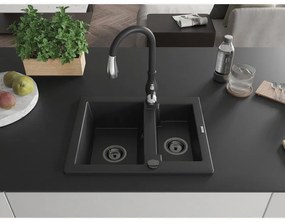 Mexen Carlos, 1,5-komorový granitový drez 582x475x177 mm a drezová batéria Savita, čierna, 6518-77-672601-70-B