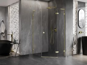 Mexen Lunar, L pravý výklopný päťuholníkový sprchový kút 90 x 100 cm, 8mm číre sklo, zlatý matný profil, 831L-090P-100L-55-00-P