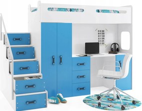 Interbeds MAX 4 poschodová posteľ 258x180 komplet + matrac + písací stôl + šatník modro-biela 2025