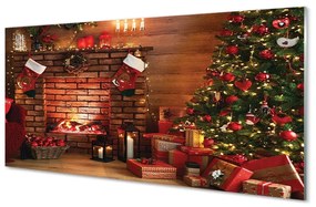 Sklenený obraz Ozdoby na vianočný stromček darčeky ohnisko 100x50 cm