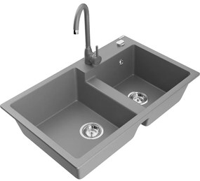 Mexen Tomas, granitový drez 800x500x190 mm, 2-komorový a šedá batéria Telma, šedá, 6516-71-670200-71