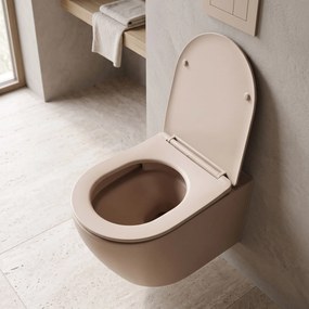 Rea Carlo Mini, závesná WC misa Rimless Tornado so sedadlom, béžová matná, REA-C4599