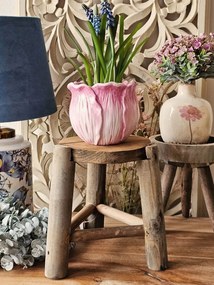 Hnedý dekoračný kvetinový drevený okrúhly stolík - Ø 18*21 cm