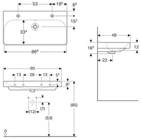 Geberit Smyle Square, umývadlo s prepadom 900x480mm, 2 otvory na batérie, biela, GEB-500.252.01.1