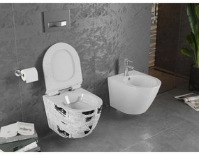 Mexen Lena, závesná WC misa 48x36 cm, Rimless so sedátkom pomaly-padajúcim, vzor-gazeta, 30224099