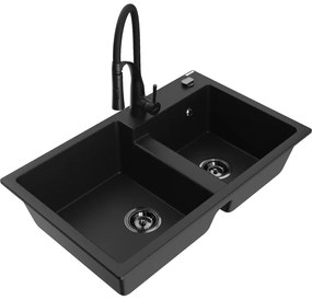 Mexen Tomas, 2-komorový granitový drez 800x500x190 mm a drezová batéria Aster, čierna, 6516-77-73450-70-B