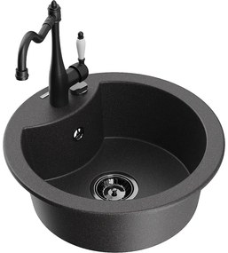 Mexen Diego, granitový drez 488x488x167 mm, 1-komorový a drezová batéria Carla, čierna škvrnitá, 6512-76-670700-70-B