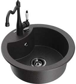 Mexen Diego, granitový drez 488x488x167 mm, 1-komorový a drezová batéria Carla, čierna škvrnitá, 6512-76-670700-70-B
