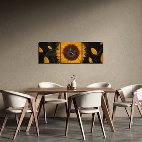 Obraz - Slnečnice a lístky kvetov (s hodinami) (90x30 cm)