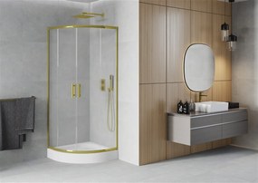 Mexen Rio, štvrťkruhový sprchovací kút 90(dvere)x90(dvere)x190 cm, 5mm sklo námraza, zlatý profil + biela sprchová vanička RIO, 863-090-090-50-30-4710