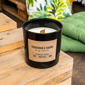 Vonná sviečka v skle s dreveným knôtom Cedarwood & Vanilla 300g, 11 cm
