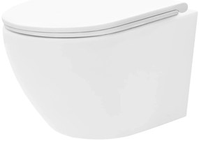 Rea Carlo Mini, závesné záchodová misa Tornado Rimless 485x365x350 mm + WC sedadlo, biela lesklá, REA-C8770