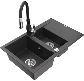 Mexen Gaspar, 1,5-komorový granitový drez 737x475x177 mm a drezová batéria Savita, čierna škvrtnitá, 6507-76-672601-70